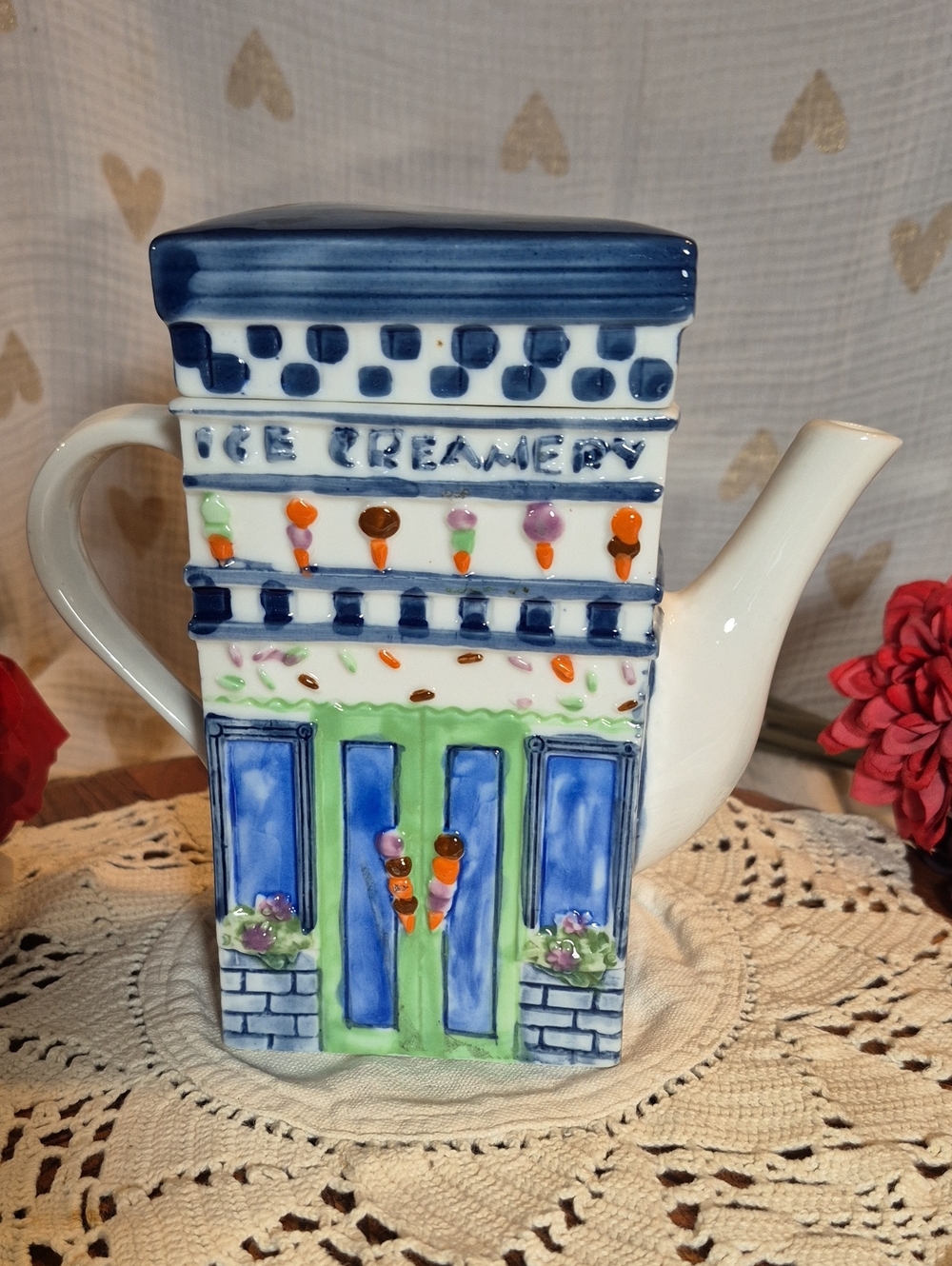 Vintage Porcelain Tea Pot Ice Creamery Theme Hand Painted Beautiful Piece
